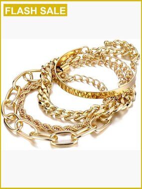 14K Gold Plated Layered Chain Bracelet Set Adjustable Link Bangle